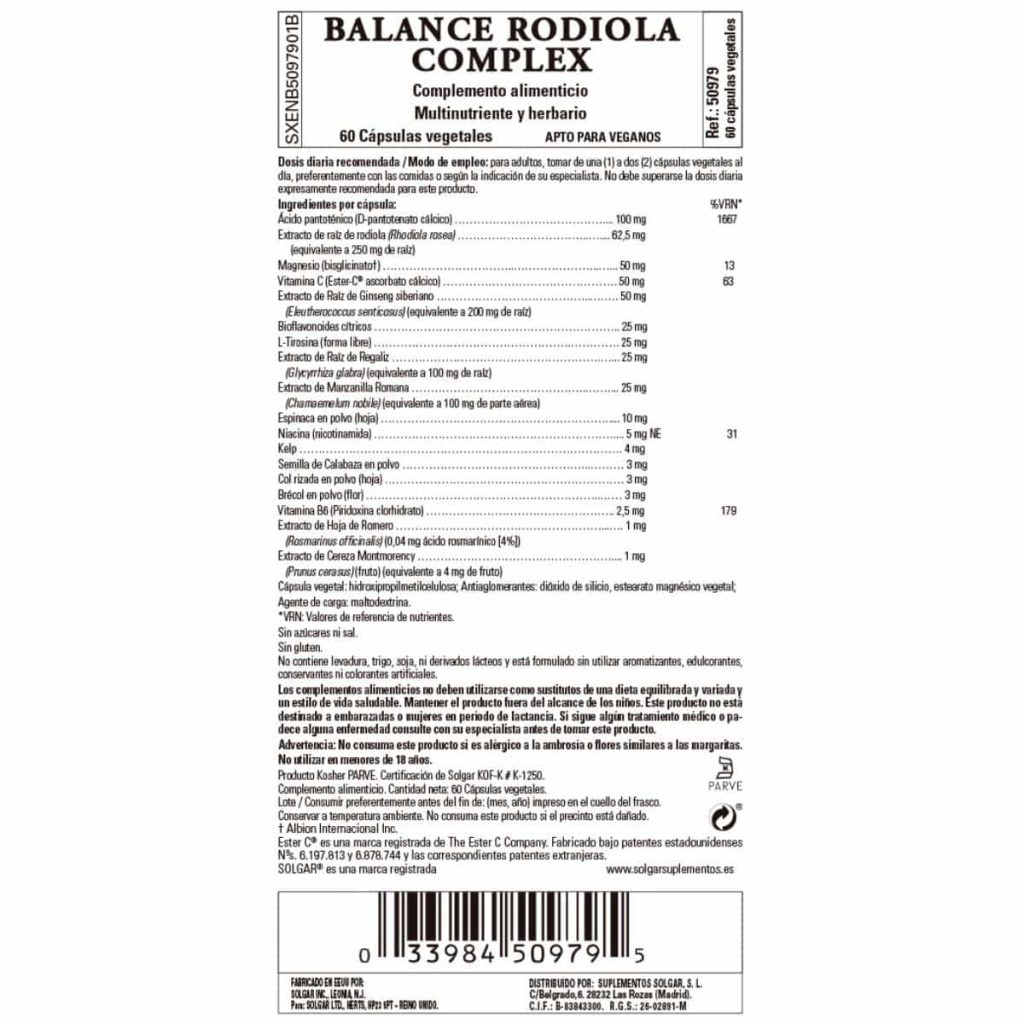 Balance Rodiola Complex - 60 Cápsulas Veganas detalle 1