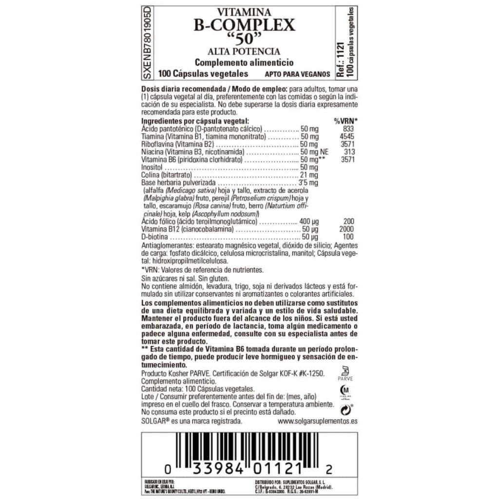 Vitamina B Complex 50 - 100 Cápsulas Veganas detalle 1