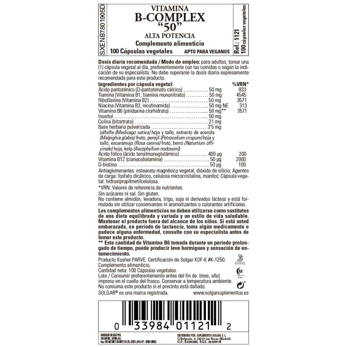 Vitamina B Complex 50 – 100 Cápsulas Veganas