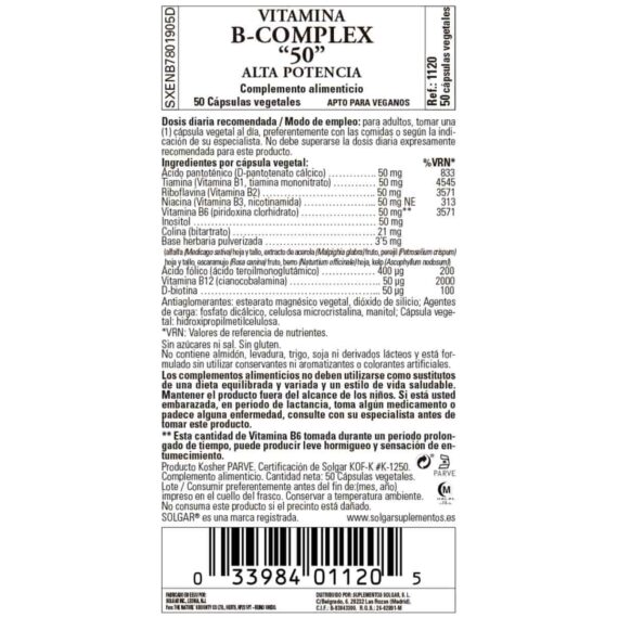 Vitamina B Complex 50 - 50 Cápsulas Veganas
