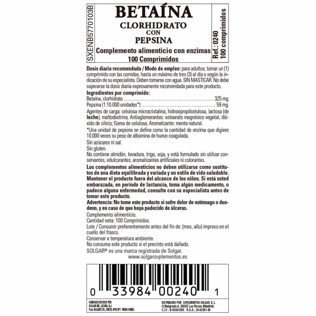 Betaína Clorhidrato con Pepsina - 100 Comprimidos detalle 1
