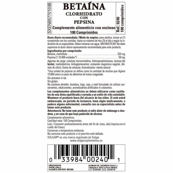 Betaína Clorhidrato con Pepsina - 100 Comprimidos