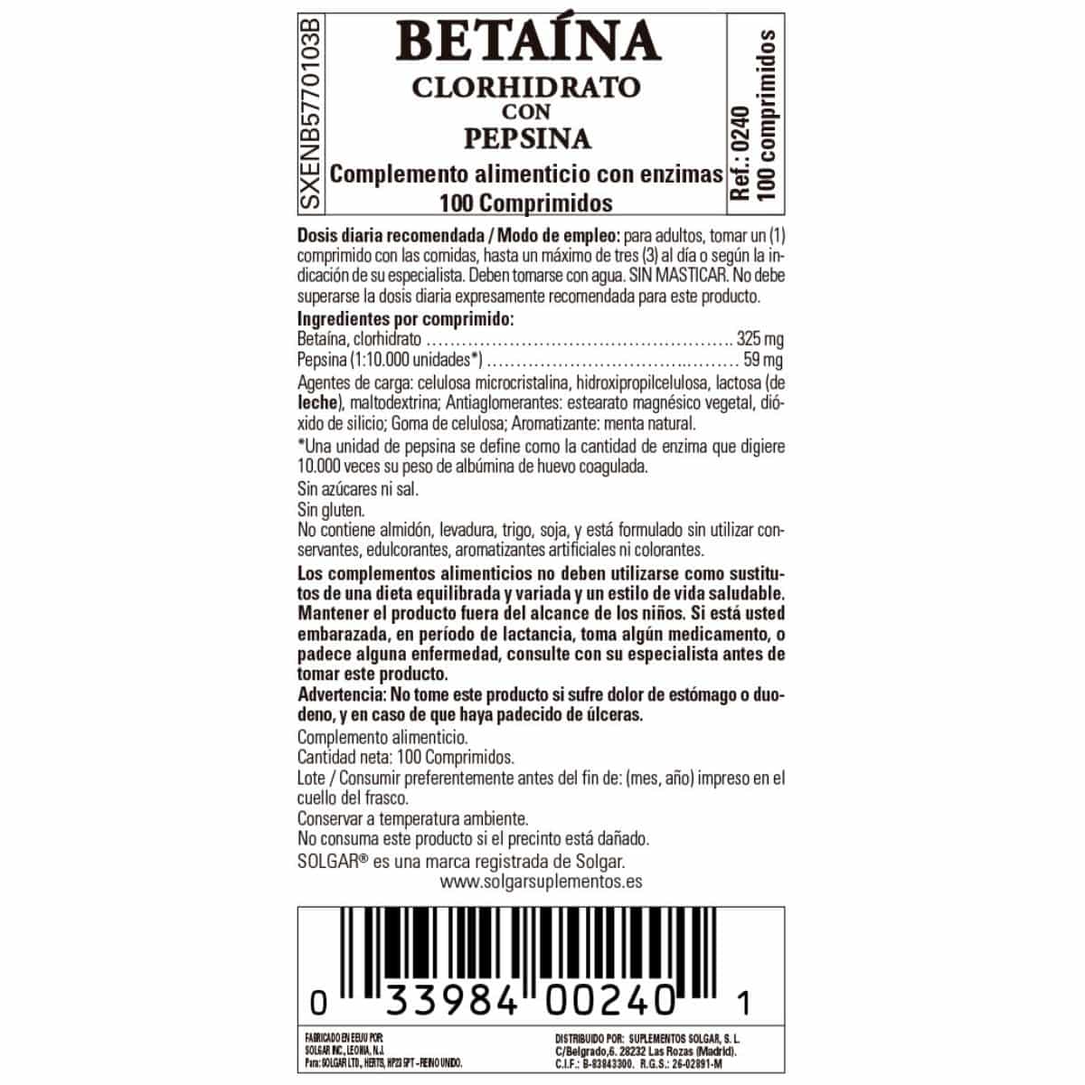 Betaína Clorhidrato con Pepsina – 100 Comprimidos