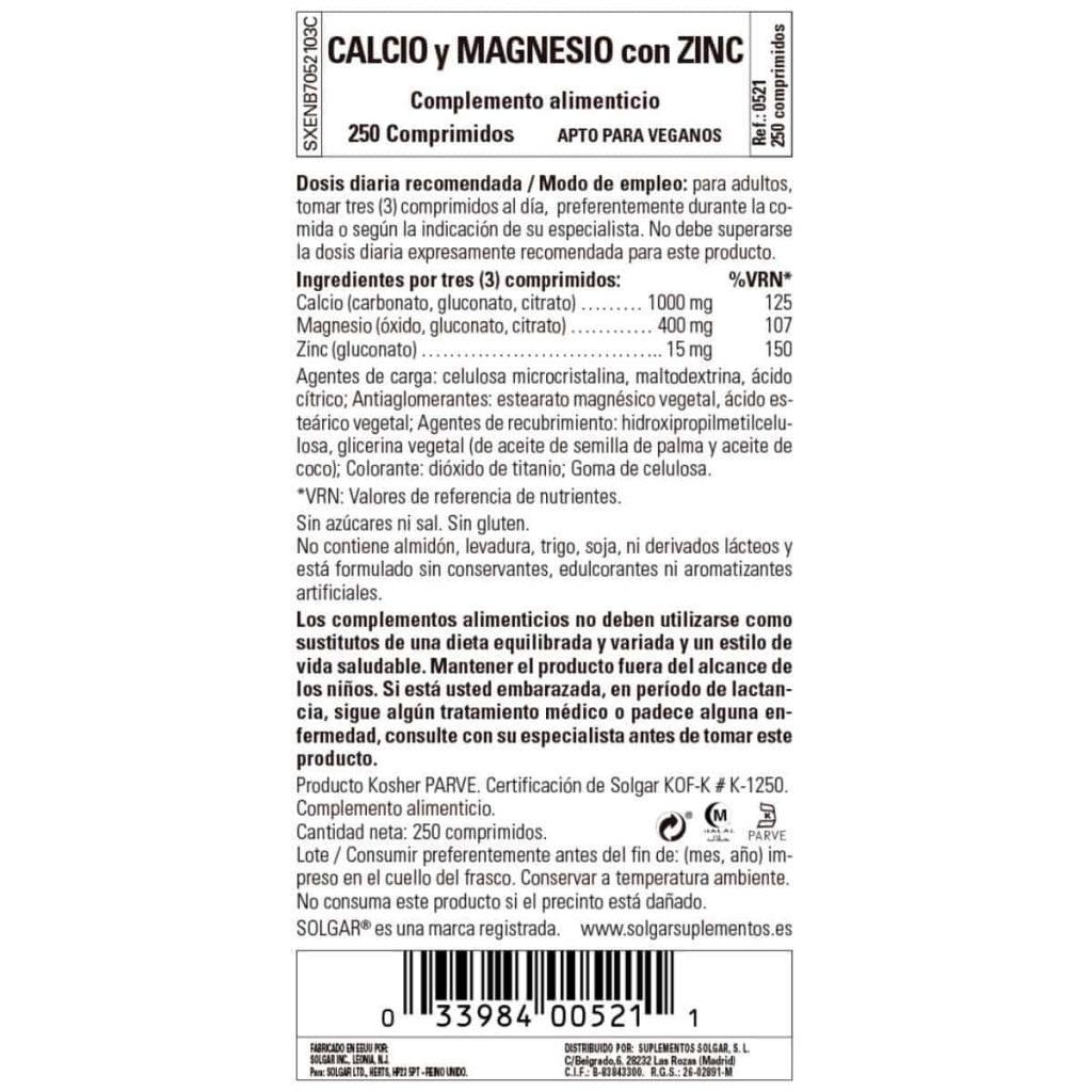 Calcio y Magnesio con Zinc - 250 Comprimidos detalle 1