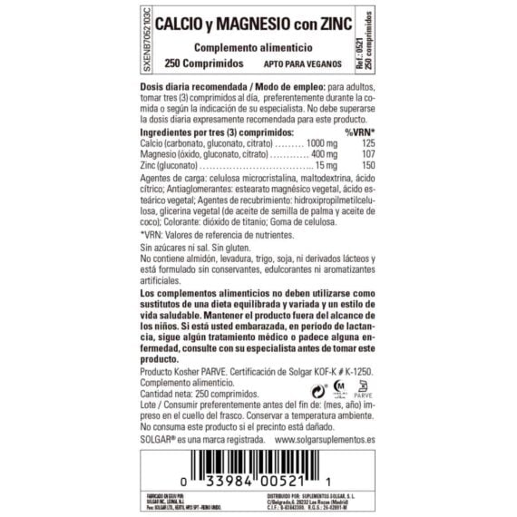 Calcio y Magnesio con Zinc - 250 Comprimidos