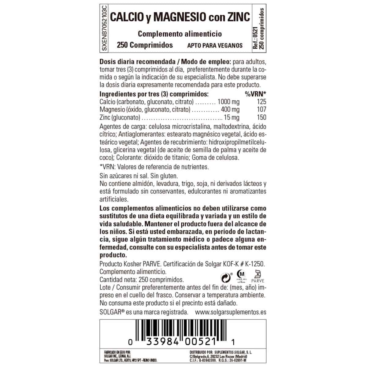 Calcio y Magnesio con Zinc – 250 Comprimidos