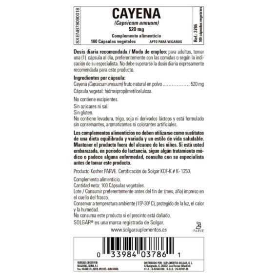 Cayena 520 mg - 100 Cápsulas Veganas