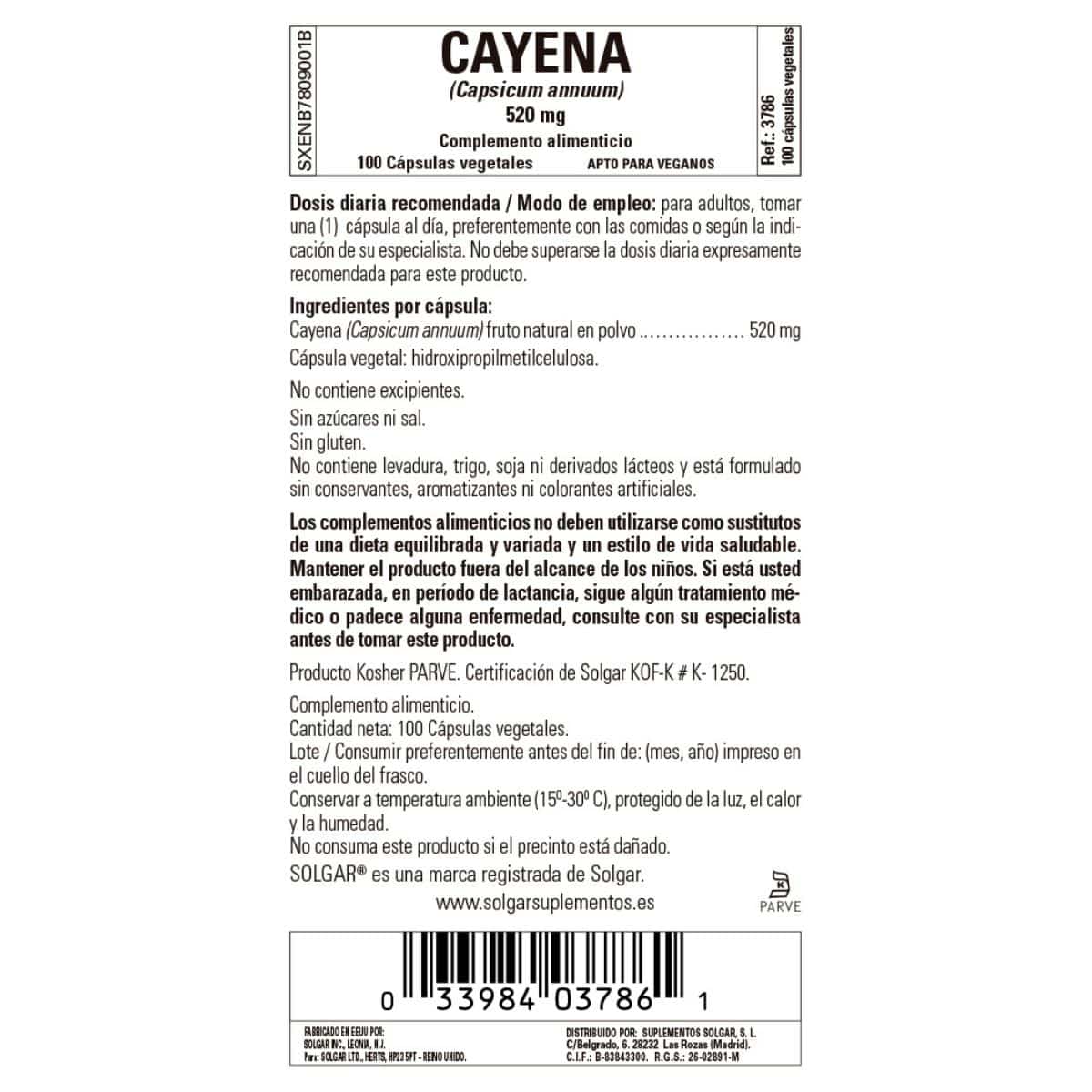 Cayena 520 mg – 100 Cápsulas Veganas