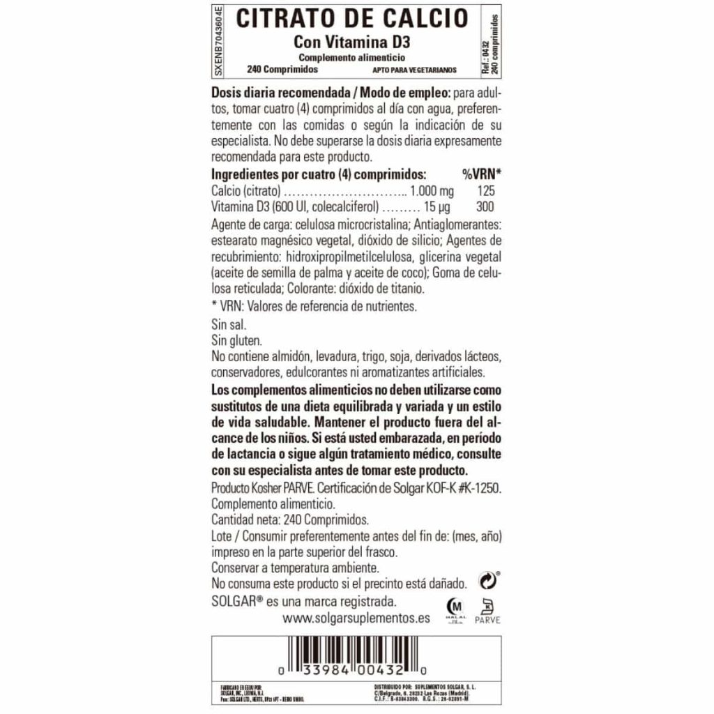 Citrato de Calcio con Vitamina D - 240 Comprimidos detalle 1