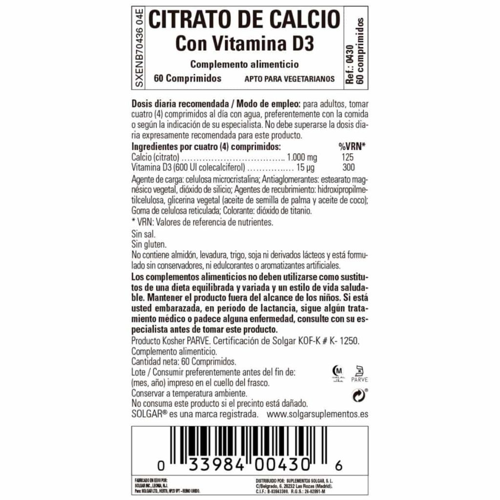 Citrato de Calcio con Vitamina D - 60 Comprimidos detalle 1