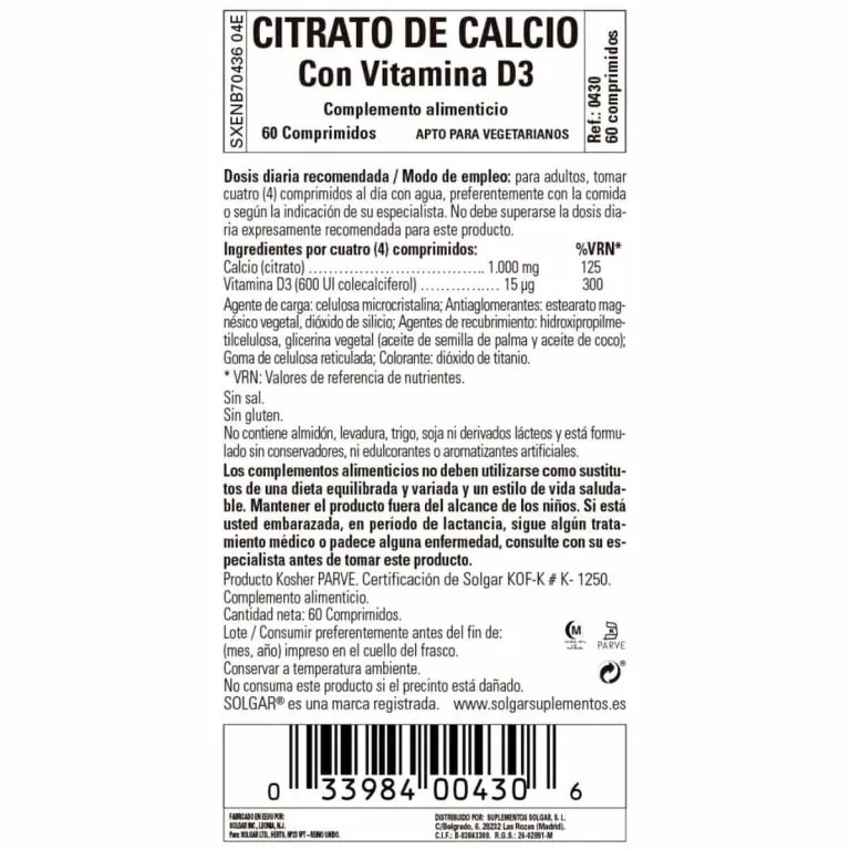 Citrato de Calcio con Vitamina D – 60 Comprimidos