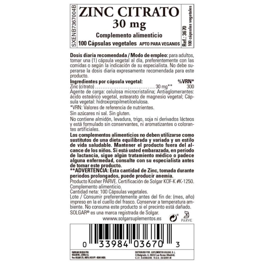 Citrato de Zinc 30 mg - 100 Cápsulas Veganas detalle 1