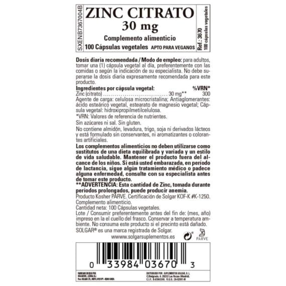 Citrato de Zinc 30 mg - 100 Cápsulas Veganas