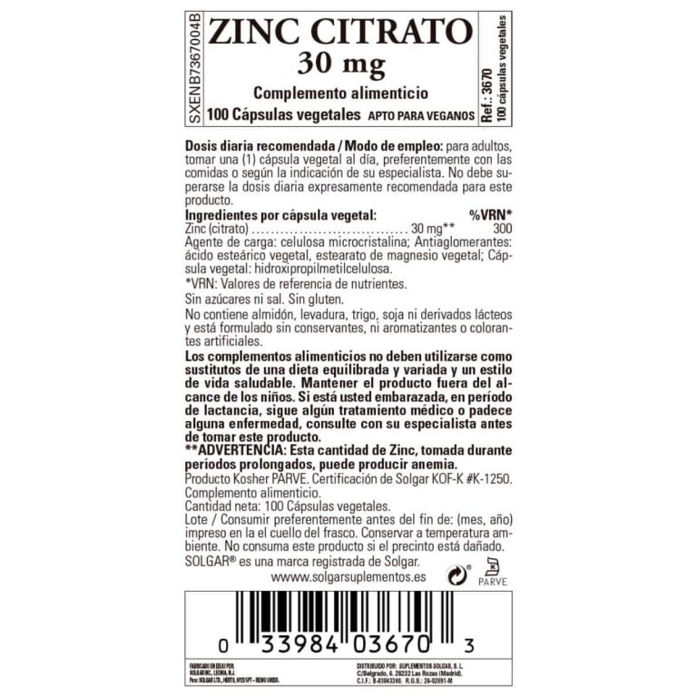 Citrato de Zinc 30 mg – 100 Cápsulas Veganas