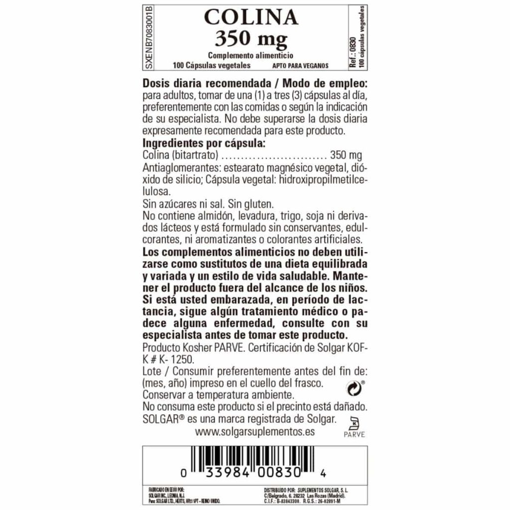 Colina 350 mg - 100 Cápsulas Veganas detalle 1