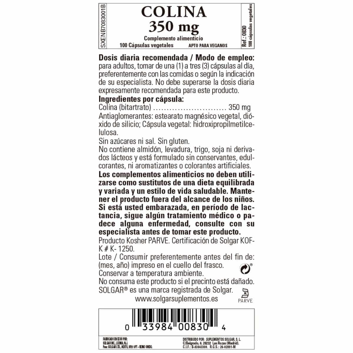 Colina 350 mg – 100 Cápsulas Veganas
