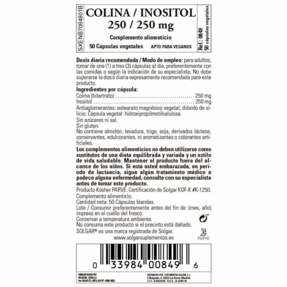 Colina e Inositol 250 y 250 mg - 50 Cápsulas Veganas