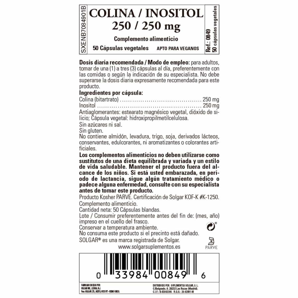 Colina e Inositol 250 y 250 mg – 50 Cápsulas Veganas