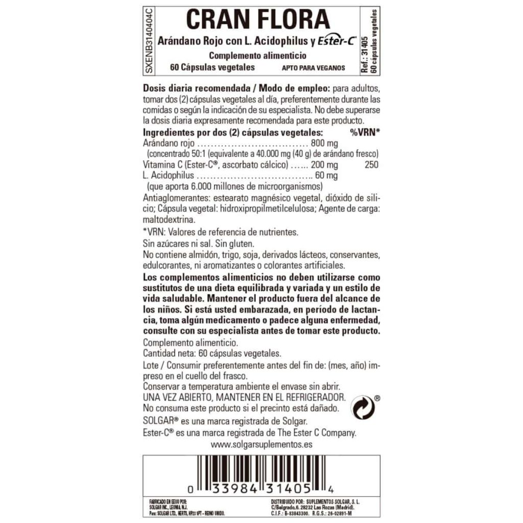 Cran Flora - Arándono rojo con probiótico y Ester-C - 60 Cápsulas Veganas detalle 1