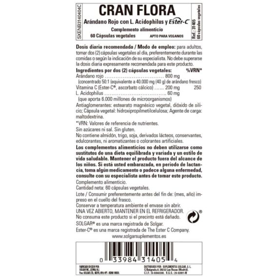 Cran Flora - Arándono rojo con probiótico y Ester-C - 60 Cápsulas Veganas