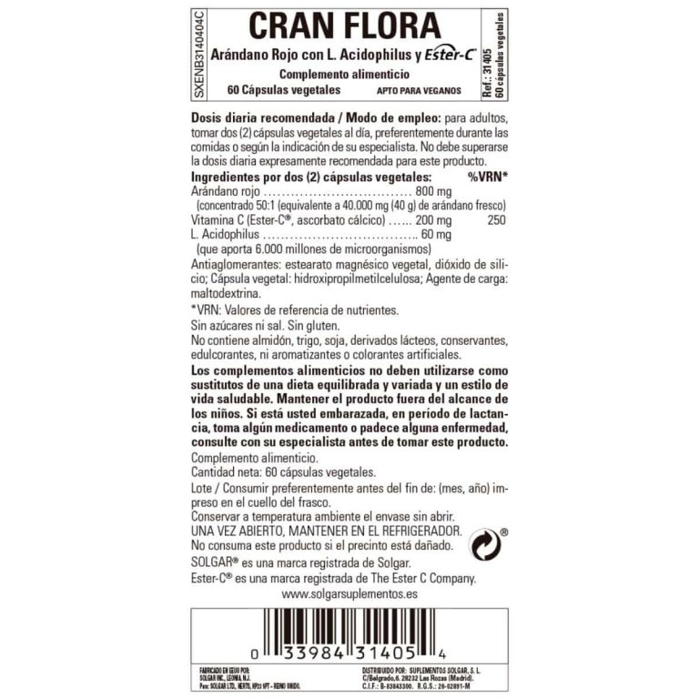 Cran Flora – Arándono rojo con probiótico y Ester-C – 60 Cápsulas Veganas