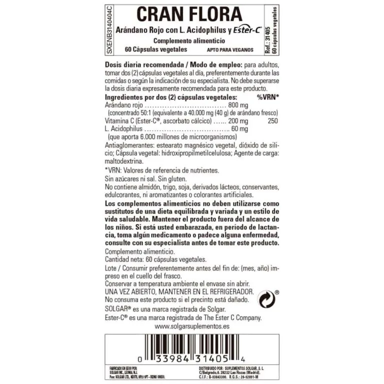 Cran Flora – Arándono rojo con probiótico y Ester-C – 60 Cápsulas Veganas