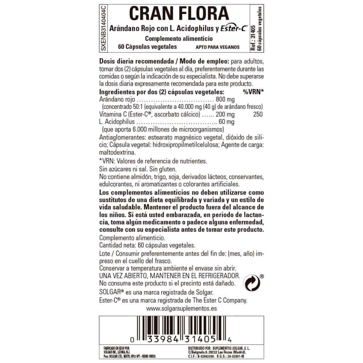 Cran Flora – Arándono rojo con probiótico y Ester-C – 60 Cápsulas Veganas