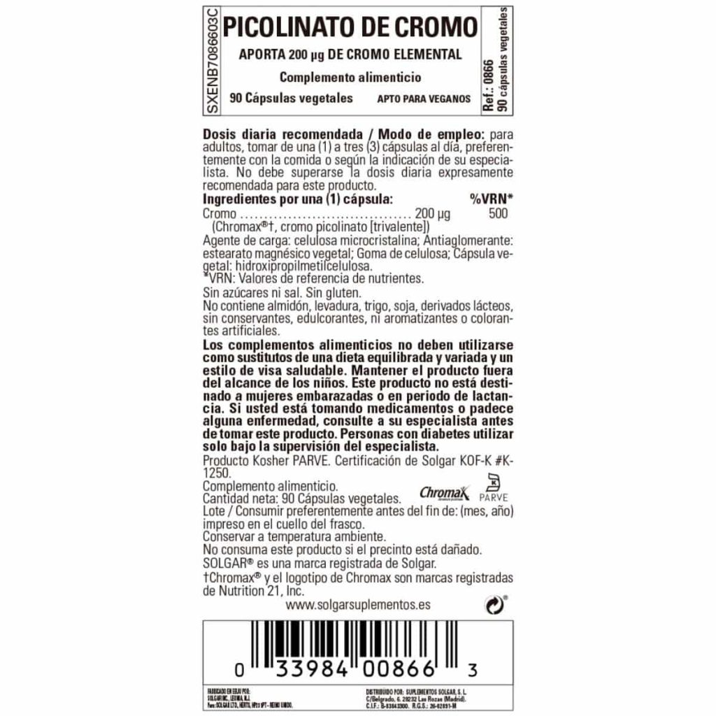 Picolinato de Cromo 200 mcg - 90 Cápsulas Veganas detalle 1