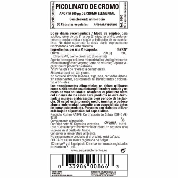 Picolinato de Cromo 200 mcg - 90 Cápsulas Veganas