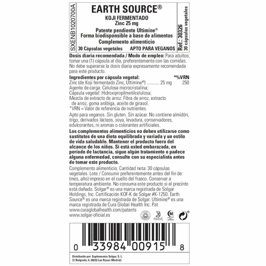 Earth Source Koji Zinc 25 mg - 30 Cápsulas Veganas detalle 1