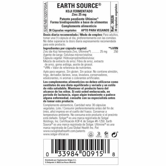 Earth Source Koji Zinc 25 mg - 30 Cápsulas Veganas