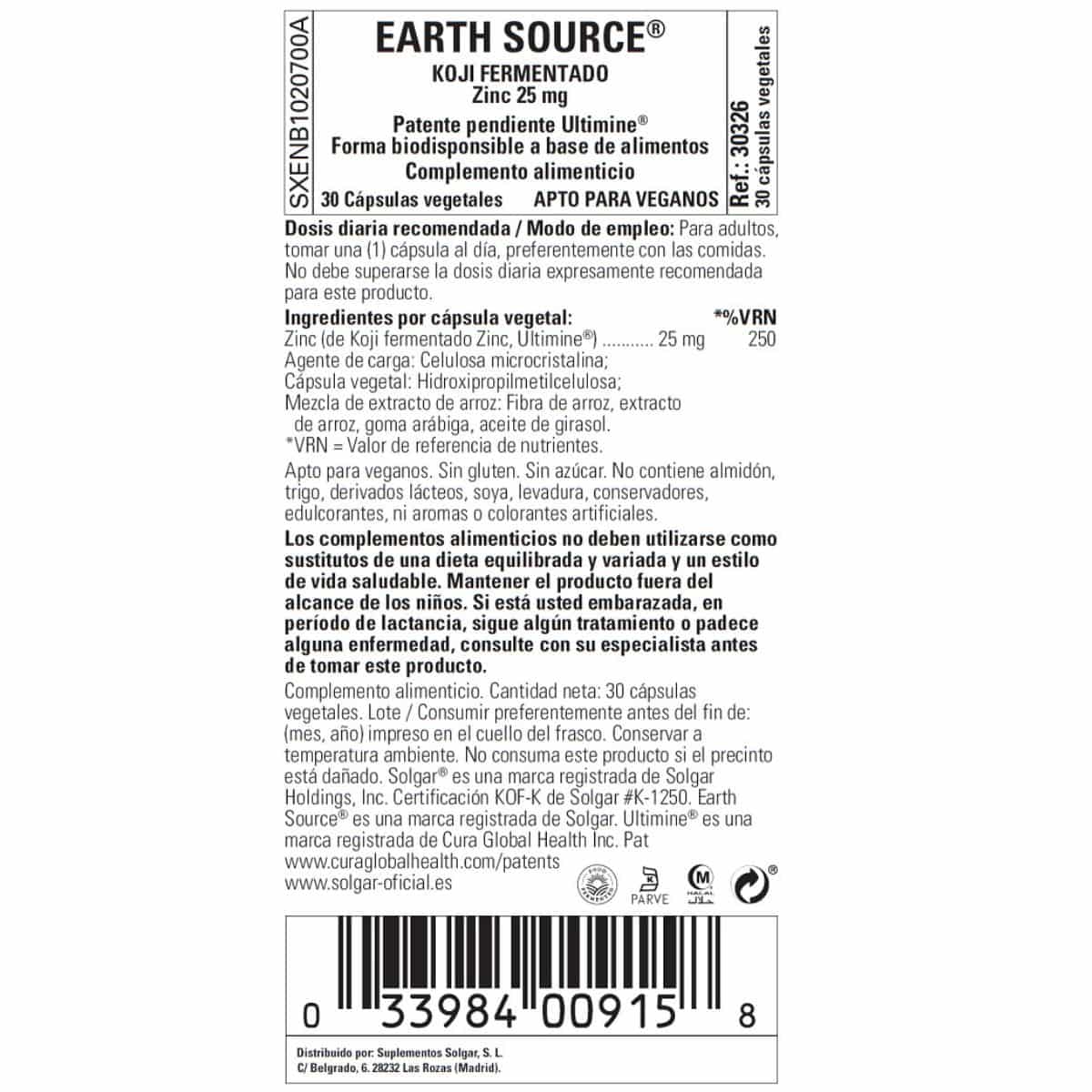 Earth Source Koji Zinc 25 mg – 30 Cápsulas Veganas