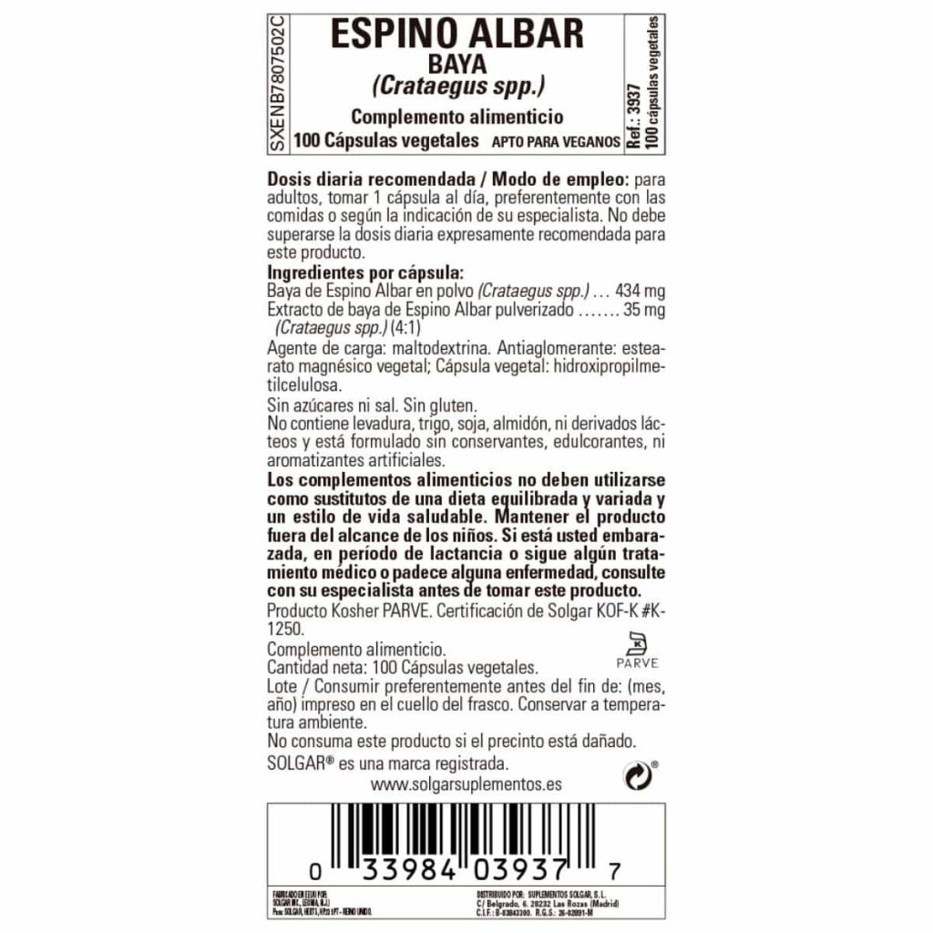 Espino Albar 520 mg - 100 Cápsulas Veganas detalle 1