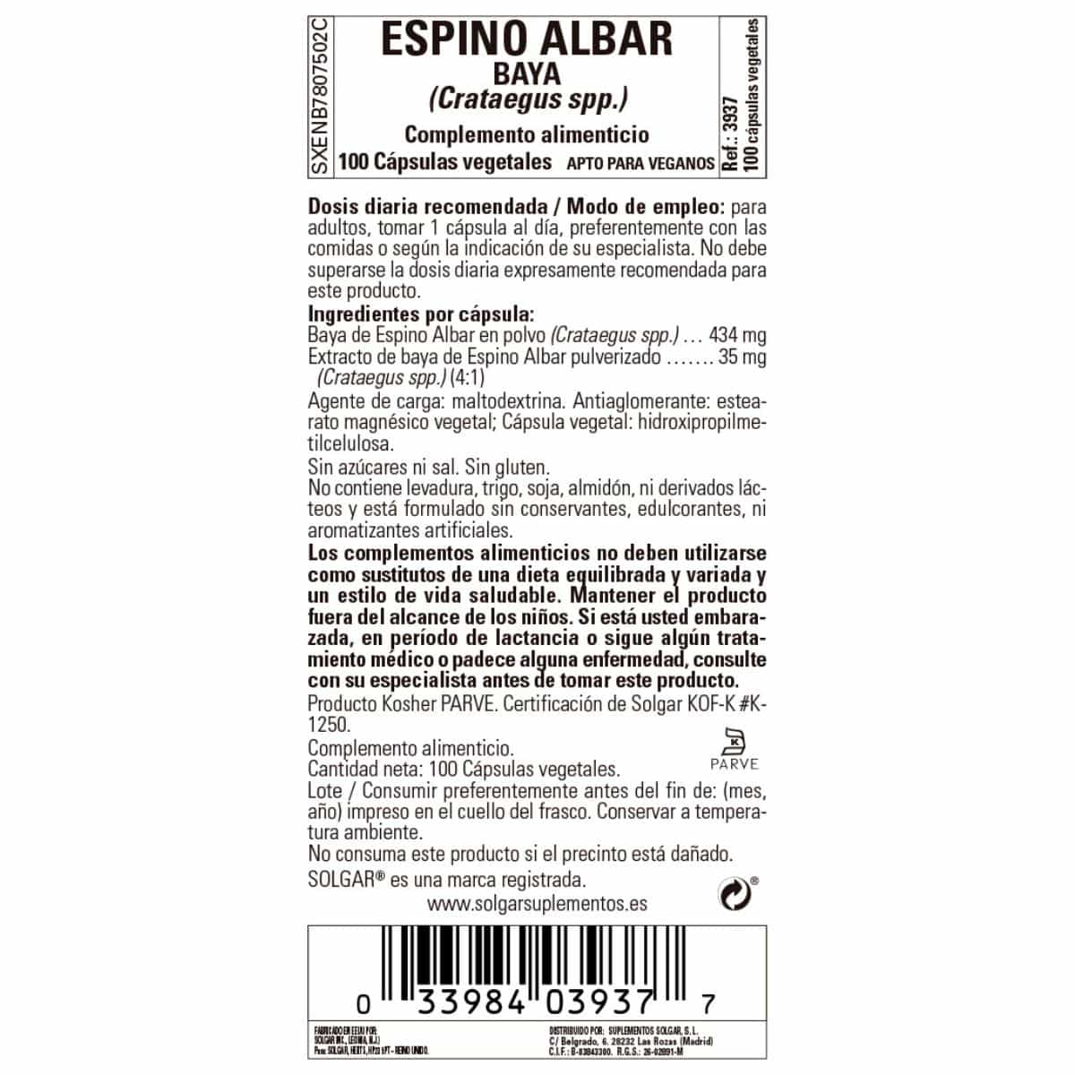 Espino Albar 520 mg – 100 Cápsulas Veganas