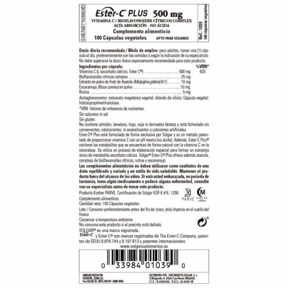 Ester C Plus 500 mg - 100 Cápsulas Veganas