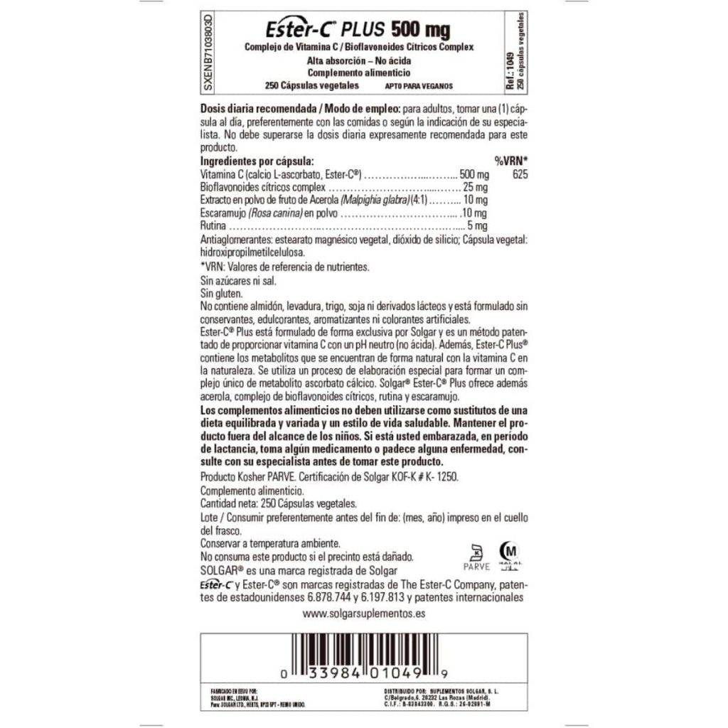 Ester C Plus 500 mg - 250 Cápsulas Veganas detalle 1