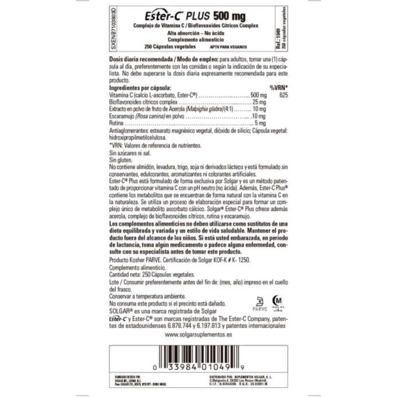 Ester C Plus 500 mg - 250 Cápsulas Veganas