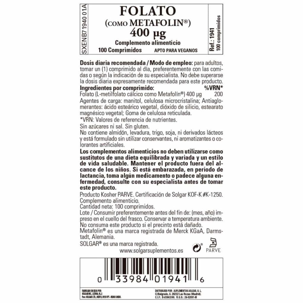 Folato - Metafolin 400 mcg - 100 Comprimidos detalle 1