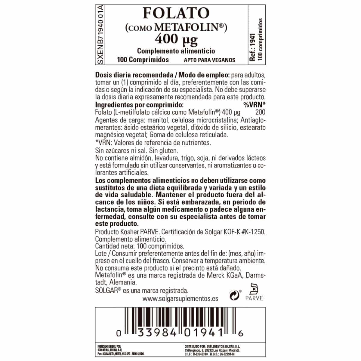 Folato – Metafolin 400 mcg – 100 Comprimidos