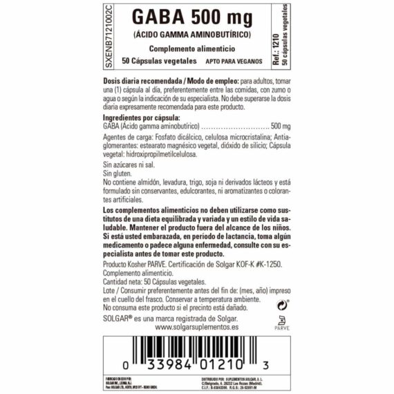 GABA 500 mg - 50 Cápsulas Veganas