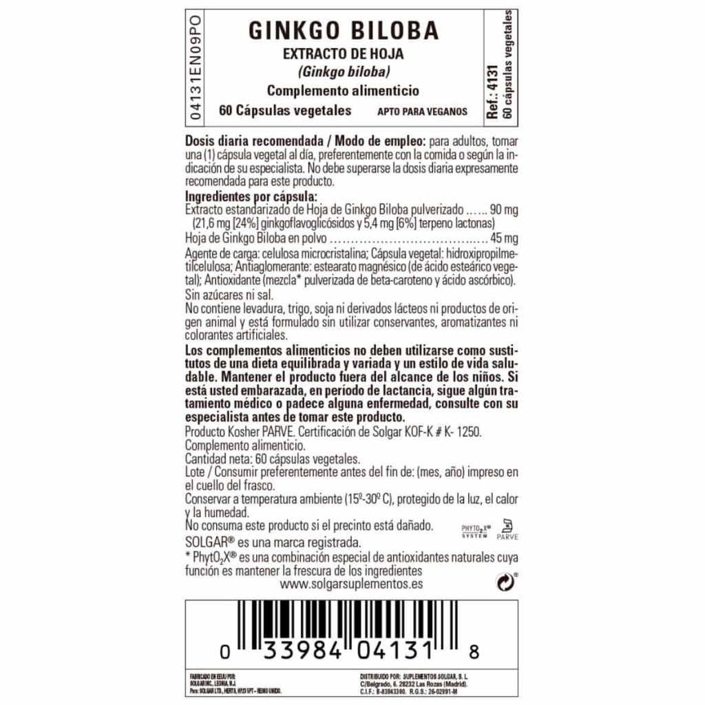 Ginkgo Biloba Hoja - 60 Cápsulas Veganas detalle 1