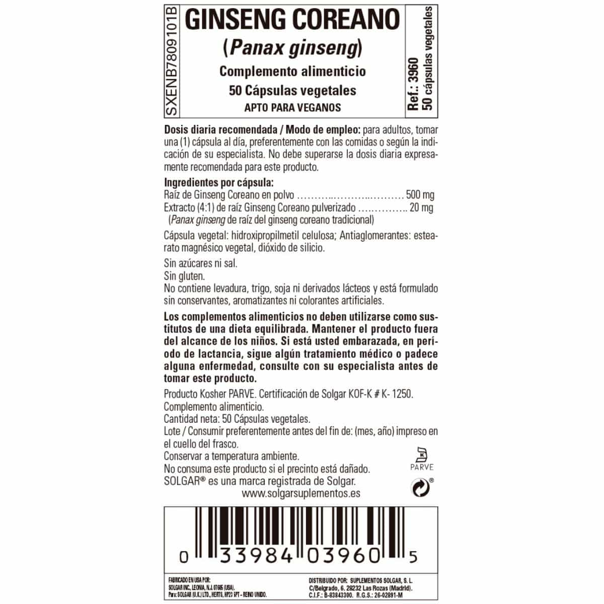 Ginseng Coreano – 50 Cápsulas Veganas