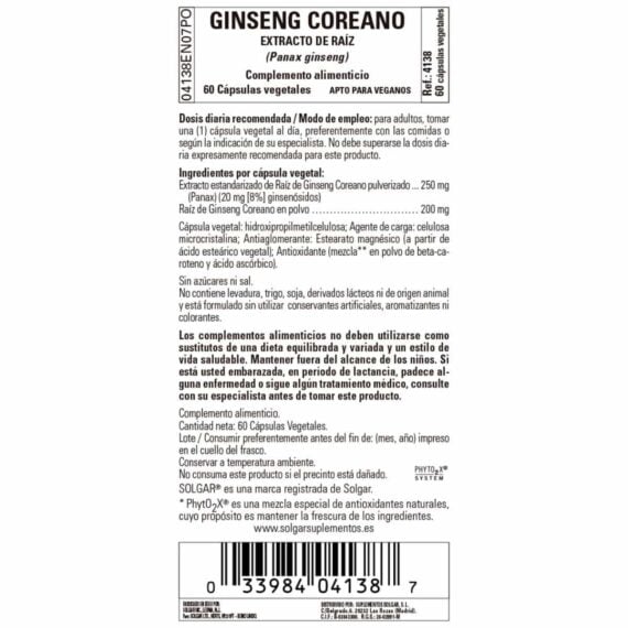 Ginseng Coreano Raíz - 60 Cápsulas Veganas