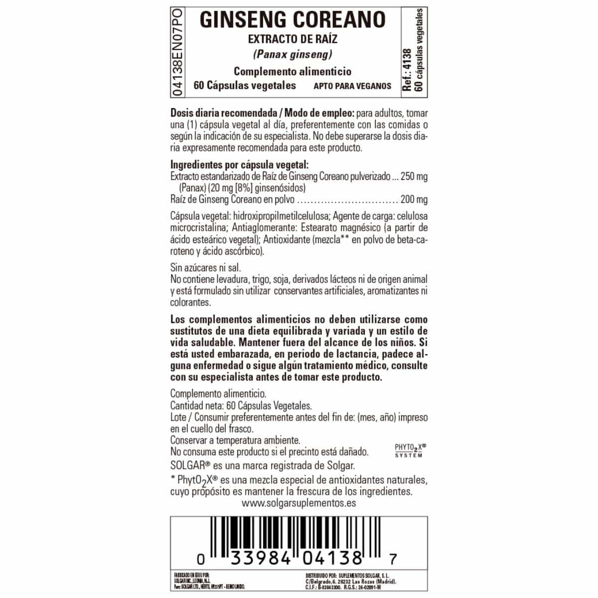 Ginseng Coreano Raíz – 60 Cápsulas Veganas