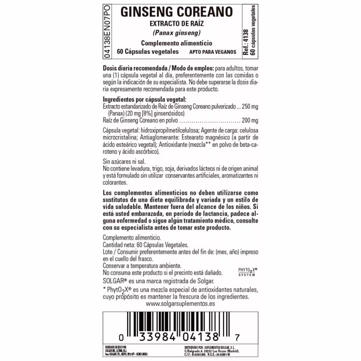 Ginseng Coreano Raíz – 60 Cápsulas Veganas