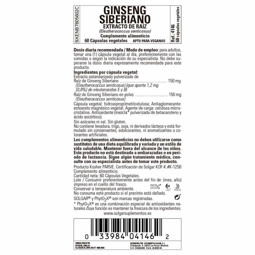 Ginseng Siberiano Raíz - 60 Cápsulas Veganas detalle 1
