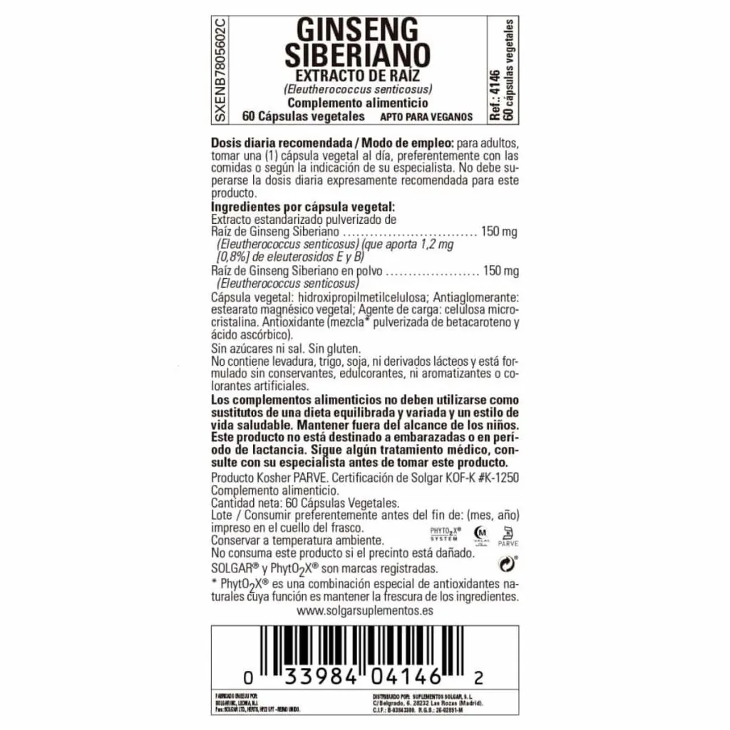 Ginseng Siberiano Raíz - 60 Cápsulas Veganas detalle 1