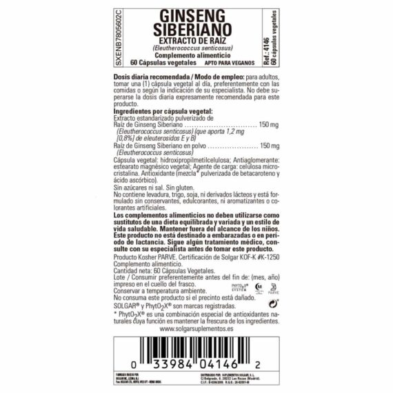 Ginseng Siberiano Raíz - 60 Cápsulas Veganas