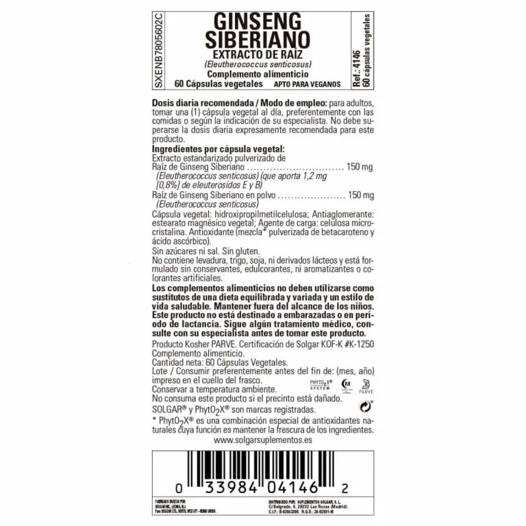 Ginseng Siberiano Raíz – 60 Cápsulas Veganas