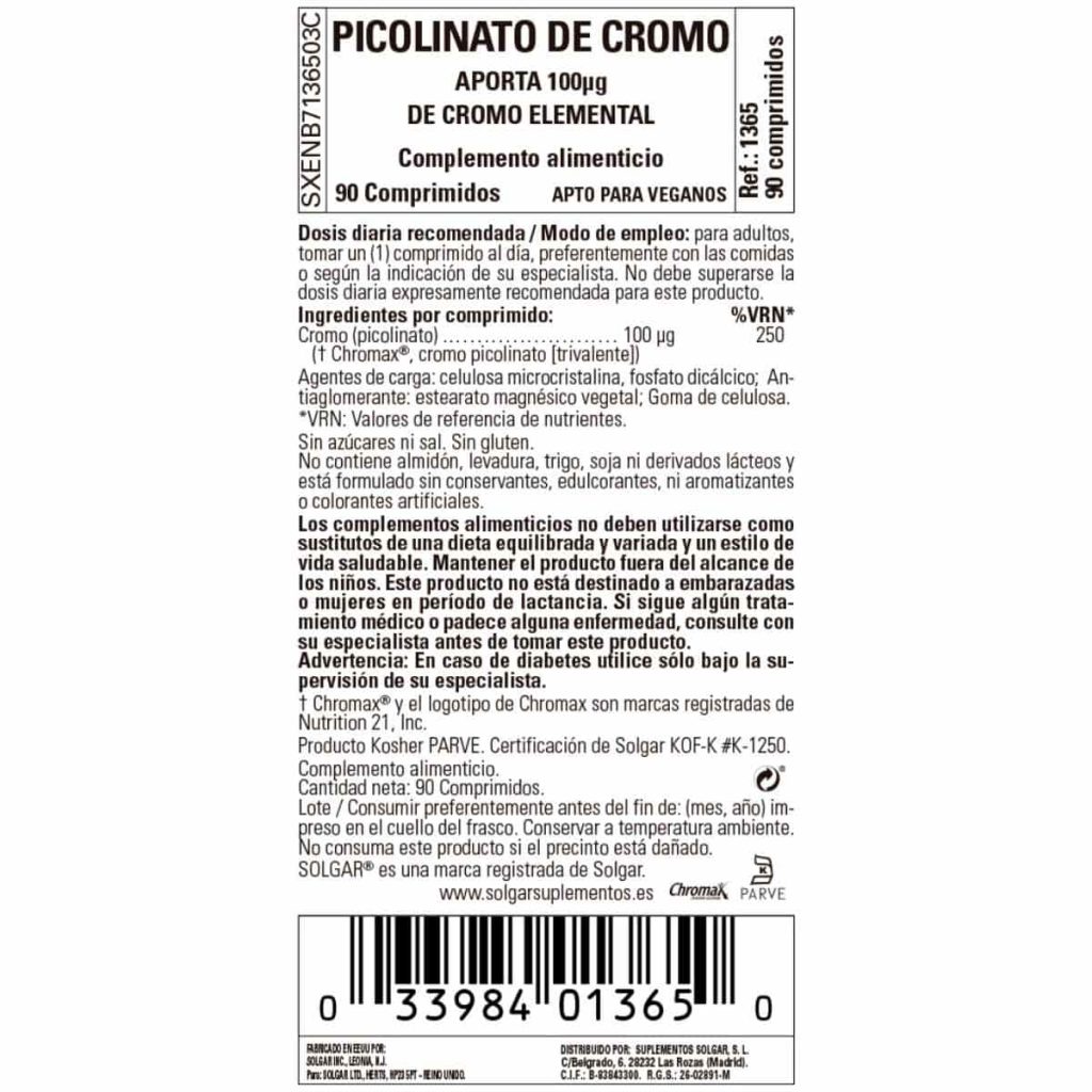 Picolinato de Cromo 100 mcg - 90 Comprimidos detalle 1